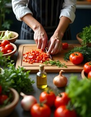  A top-down view of a professional chef's hands as they chop fresh vegetables on a wooden cutting board. The kitchen counter is filled with colorful ingredients like tomatoes, onions, herbs, 