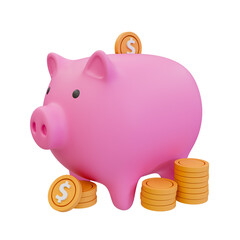 3D illustration of a pink piggy bank with coins, symbolizing savings, wealth accumulation, and personal finance management.