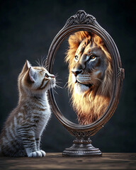A small kitten looks into a mirror, where the reflection shows a majestic lion staring back, symbolizing inner strength, confidence, and self-perception