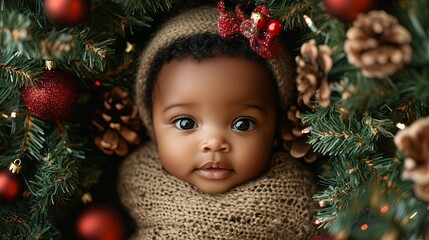 A beautiful little baby with black skin sits against a festive Christmas backdrop, surrounded by twinkling lights, decorated trees, and holiday ornaments, capturing the warmth and joy of the season.