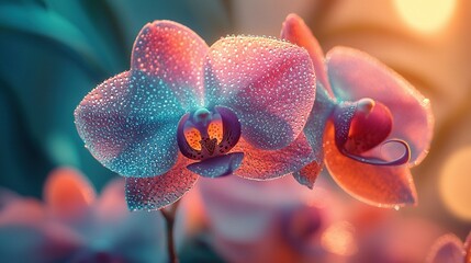   A pink and blue flower in focus, with water droplets on petals and a soft background