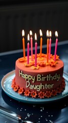 A cake with candles on it that says Happy Birthday to the daughter