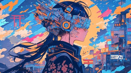 An anime girl with a blend of virtual reality, retro aesthetics, futuristic elements, and cyberpunk vibes