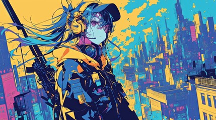 Obraz premium An anime girl with a blend of virtual reality, retro aesthetics, futuristic elements, and cyberpunk vibes