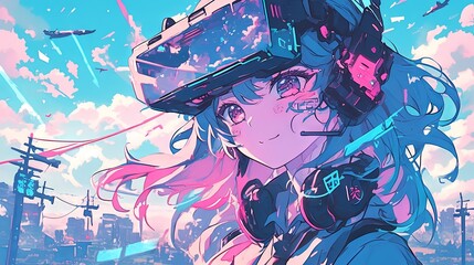 An anime girl with a blend of virtual reality, retro aesthetics, futuristic elements, and cyberpunk vibes