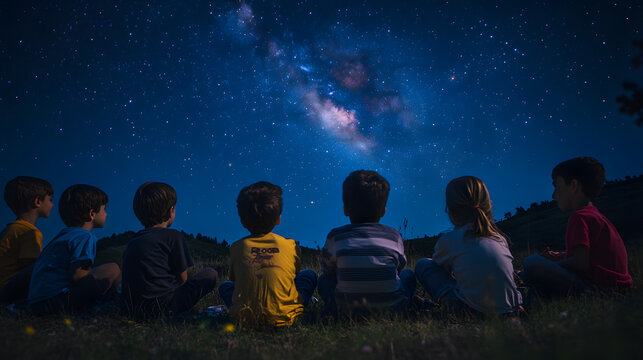 A group of children attending an outdoor astronomy lesson sitting in a circle while looking up at the stars.
