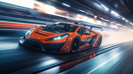 A sports car with an aggressive stance and aerodynamic design in a high-speed setting