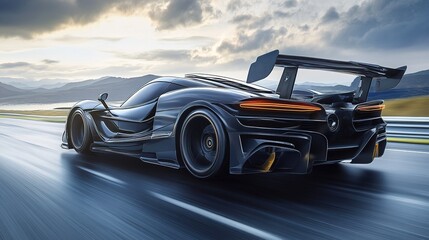 Obraz premium A sports car with an aggressive stance and aerodynamic design in a high-speed setting
