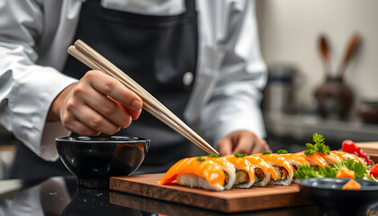 Close up of a chef preparing a sushi meal isolated with white highlights, png