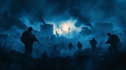 Obraz premium War concept with military silhouettes in combat, set against a foggy sky. Soldiers and armored vehicles, including tanks, engage in battle beneath a cloudy night skyline, creating an intense attack s