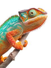 Obraz premium Colorful chameleon on a branch with a white background PNG transparent.
