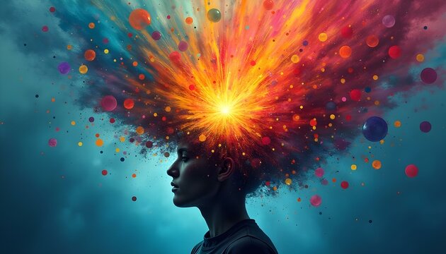 An ADHD mind, illustrating a storm of colorful thoughts and ideas, with a contrasting calm center representing moments of focus amidst chaos