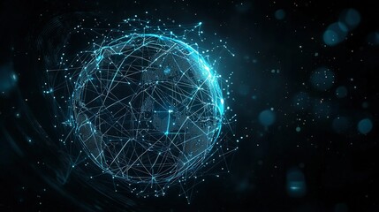 Obraz premium A sphere with lines and dots centered in a blue-green light, set against a black backdrop