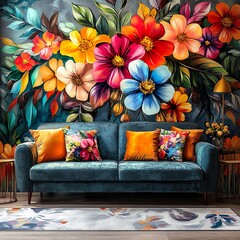 Elegant floral patterns and colorful murals for contemporary living room decor wallpaper