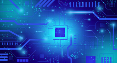 Processor circuit board background, glowing futuristic digital technology wallpaper illustration suitable for banners, templates and presentations about technology.
