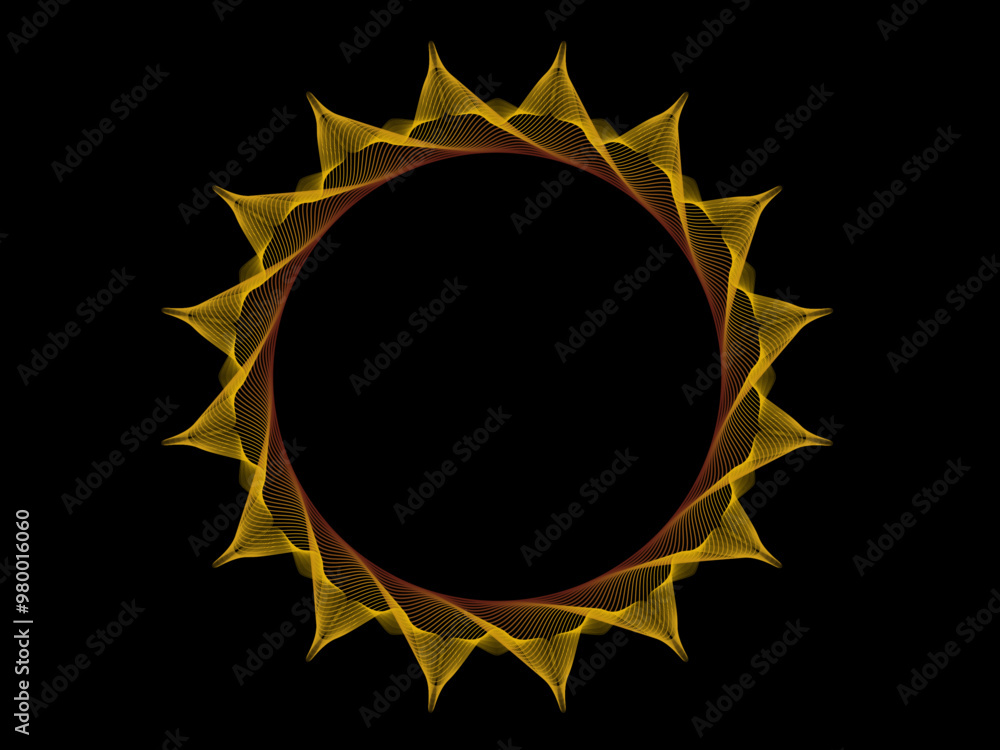Poster glowing luxury gold lines weaving circle pattern. shining round shape isolated on black background. 