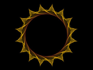 Glowing luxury gold lines weaving circle pattern. Shining round shape isolated on black background. Vector illustration