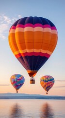 Naklejka premium Colorful hot air balloons float above a serene landscape during a vibrant sunset, creating a picturesque and tranquil atmosphere.