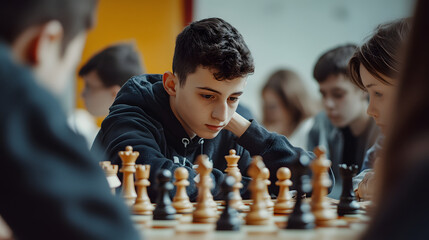 A group of students playing chess in a school chess club.