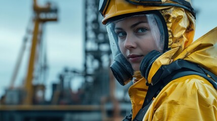 A woman dressed in yellow protective gear stands confidently at an industrial site. She is equipped for a demanding task outdoors in challenging conditions