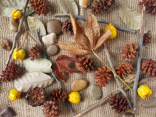 Sackcloth background with autumn elements with brown orange range of colors