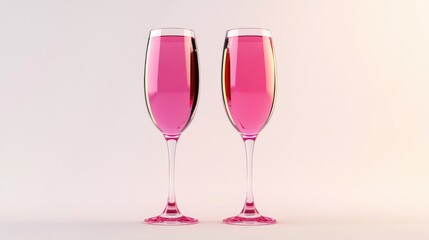 3d icon pink drinking glasses with champagne. Simple stylized render illustration isolated on white background, girl Christmas or Birthday party
