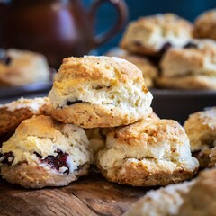 Gourmet scones with depth of field showcasing crumbly texture and rich flavors