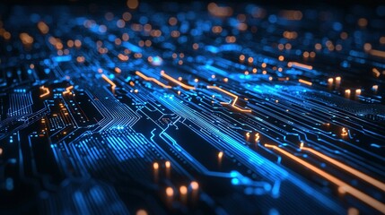   A close-up of a computer circuit board with blue and orange lights illuminating its center