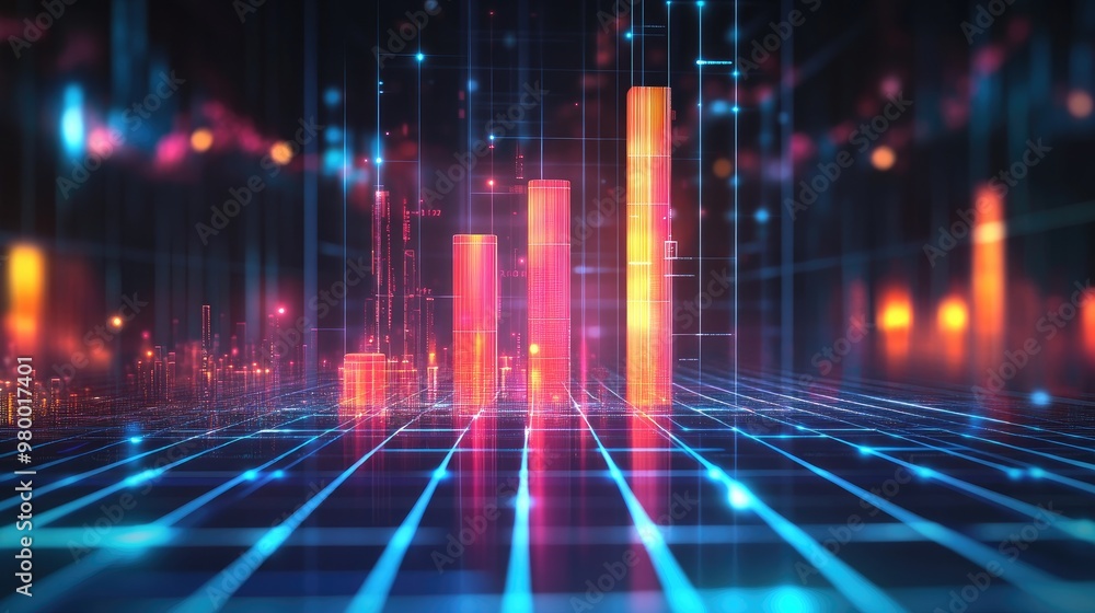 Poster abstract business background with a glowing bar graph rising upwards on a futuristic grid.