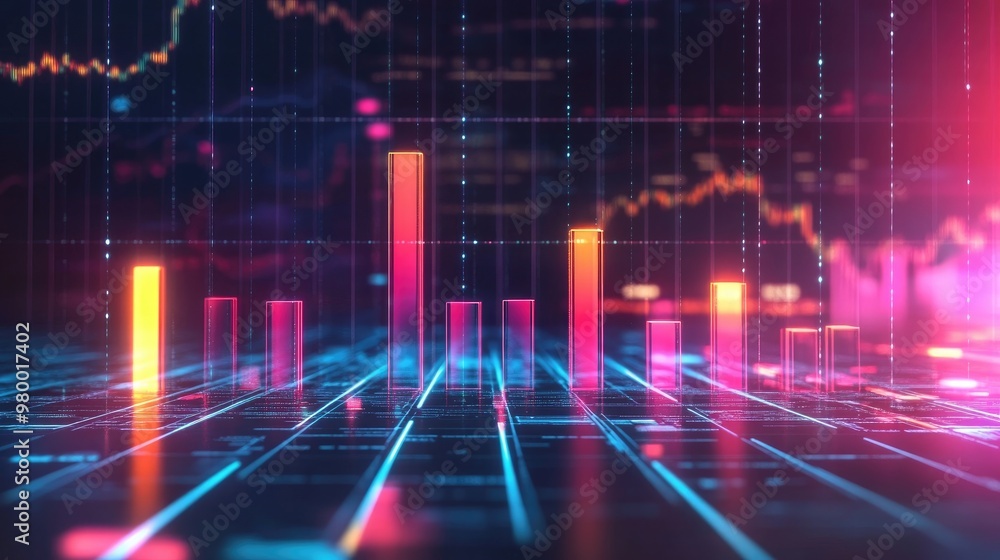 Aufkleber abstract business background with a glowing bar graph rising upwards on a futuristic grid.