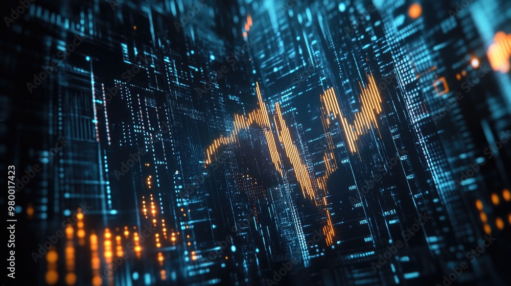 Aufkleber abstract digital display with rising stock market graph and glowing data points, futuristic finance