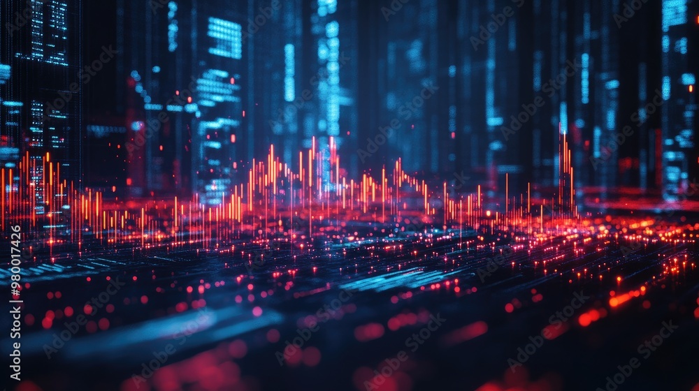 Poster abstract digital display with rising stock market graph and glowing data points, futuristic finance