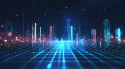 Abstract business background with a glowing bar graph rising upwards on a futuristic grid.