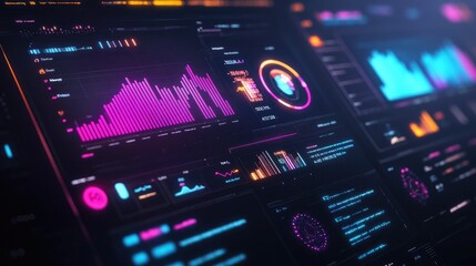 Obraz premium Abstract digital dashboard with glowing data visualizations, business growth concept.