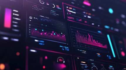 Fototapeta premium Abstract digital dashboard with glowing data visualizations, business growth concept.