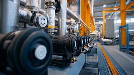 Fototapeta premium Close-up of Industrial Machinery with Pipes, Valves, and Motors in a Factory Setting