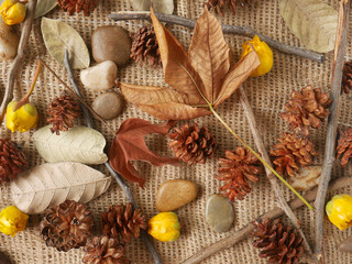 Flat lay, copy space, autumn fall concept isolated on a handmade natural piece of fabric