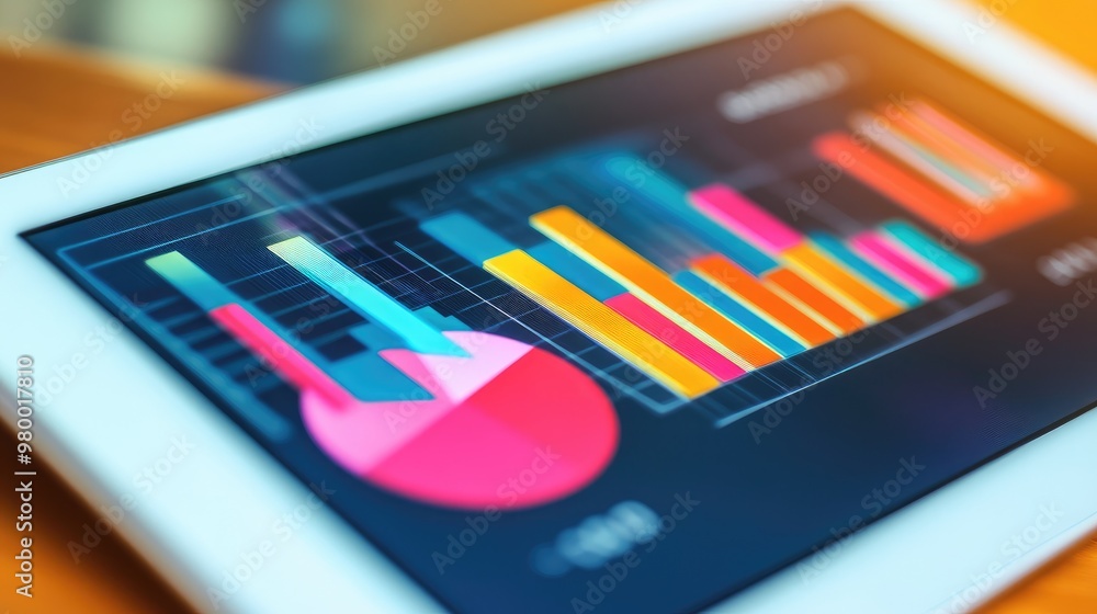 Poster business charts and graphs with colorful bar graphs and pie charts on a modern digital tablet displa