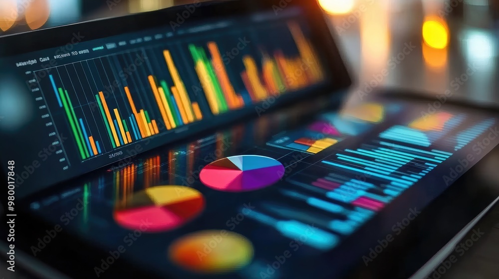 Poster business charts and graphs with colorful bar graphs and pie charts on a modern digital tablet displa