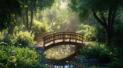 Beautiful park scene with a small wooden bridge crossing a stream, surrounded by greenery
