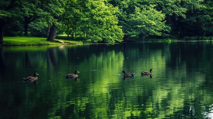 Calm park lake with ducks swimming near the shore and green trees reflecting in the water.