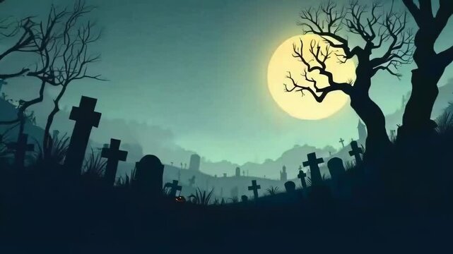A spooky graveyard scene with tombstones scattered across a dark landscape. illustration style. 4K video animation background