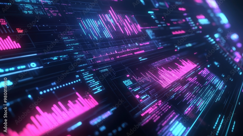 Poster close-up of stock charts on a digital screen with futuristic glowing elements and financial data.