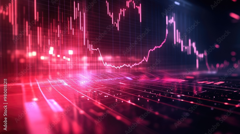 Poster digital stock market display with fluctuating line graph and numbers, futuristic finance concept.