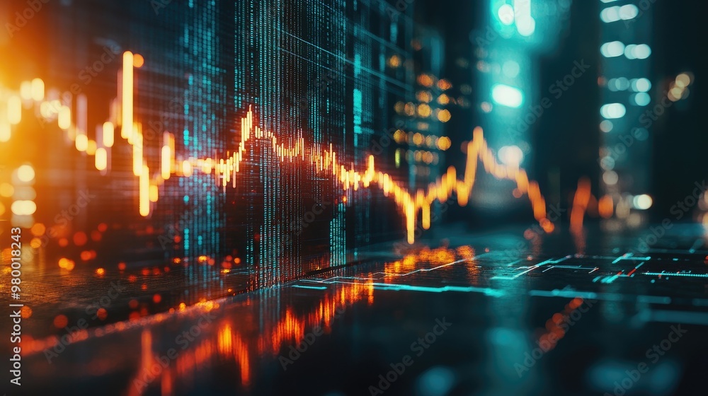 Poster digital stock market display with fluctuating line graph and numbers, futuristic finance concept.