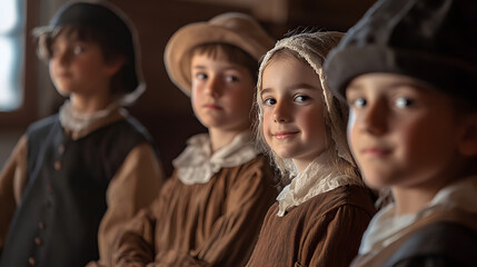 Fototapeta premium Children dressed in historical costumes re-enacting a scene from history class.
