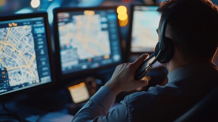 A taxi dispatcher is actively coordinating multiple drivers while monitoring several screens displaying maps and routes in a bustling urban environment at night