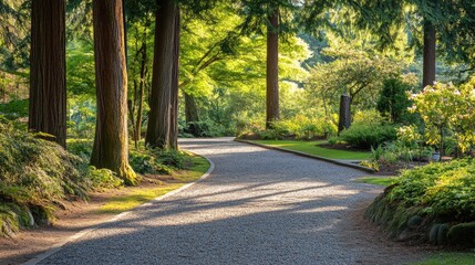 Obraz premium Empty gravel path winding through a tranquil park forest with tall green trees and shadows.