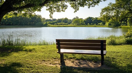 Fototapeta premium Empty park bench by a peaceful lake, surrounded by green grass and trees on a sunny day.