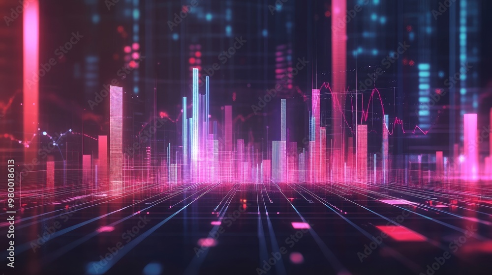 Poster futuristic abstract background with glowing bar charts and data lines on a digital grid.